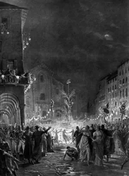 Milanesisk folkmassa i glädje runt Frihetsträdet, symbol för seger över den gamla regimen, 05/1796. Gravyr av 1800-talet