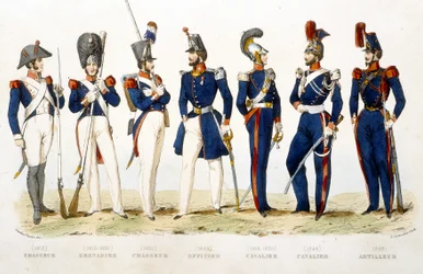 Militäruniformer: jägare (1815), grenadjär (1815-1830), jägare (1830), officer (1848), ryttare (1815-1830), ryttare (1848), artillerist (1848) - i "Frankrikes nationalgardens bragder"