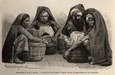 Mjölkhandlare, på gatorna i Madras (dagens Chennai, Tamil Nadu). Gravyr för att illustrera resan i Indiens meridionalprovinser, av Alfred Grandidier, 1862-1864, publicerad i "" le tour du monde", under ledning av D