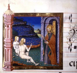 Miniatyr som visar skapandet av Adam och Eva av Gud. Antifonär. 1400-talet. Biblioteca av Lodi