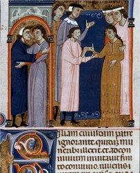 Miniatyrförlovningsceremoni hämtad från "Decret de Gratien" ("Concordia discordantintium canonum" eller "Decretum Gratiani") från 1140 och reglerar den romersk-katolska kyrkans lagar och kanoner. 1300-talets Cesena