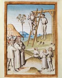 Hängande miniatyrscen hämtad från en tysk översättning av fablerna om "Kalila (Calila) och Dimna" av Bidpai. (ms. 1389, fol. 117) omkring 1480 Chantilly, musée Conde