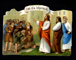 Jesu mirakel. Kristus som bekämpar de spetälska. 1800-talets kromolitografi.