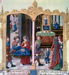 Mirakel från Saint Louis: Kung Ludvig IX (1214-1270) kämpade mot en förlamad. Miniatyr från ett manuskript "The Book of Facts Monsignor Saint Louis"" 1400-talet. Paris, B.N