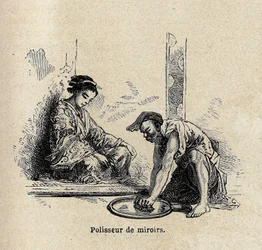 Spegelpolerare. Gravyr för att illustrera resan till Japan 1863-1864, av Aime Humbert, minister för Schweiziska edsförbundet, i "Le tour du monde, nouveau journal des voyages", publicerad under ledning av Edouard Charton