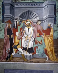 Mocking of Christ, Life of Christ (1400-talet), fresker, St Sebastians kapell, Villard-de-Lans, Rhone-Alpes, Frankrike.