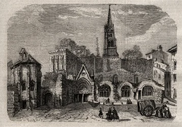 Monolitisk kyrka i Saint-Emilion - Kyrkomonolit av Saint Emilion i Gironde - gravyr i "Dictionnaire populaire illustrious" - 1864 - av Joseph Decembre och Edmond Allonier -