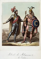 Montezuma II, aztekernas kung, och Hernan (eller Hernando) Cortes eller Fernand Cortez (1485-1547), spansk conquistador - i "" Den gamla och moderna kostymen"" av Ferrario, red. Milano