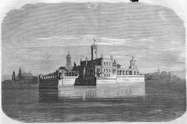 Montfort slott vid Bodensjön i Tyskland. Gravyr i "" The Illustrious Universe""