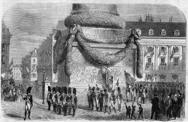 Morgonen under nationalfesten den 15 augusti 1864 vid foten av kolonnen på Place Vendôme i Paris. Gravyr i "Det illustrerade universum"