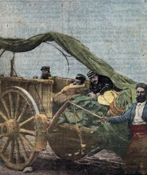 Marockanska fälttåget: officerare français blesses transporterade till sjukhuset, juni 1912 (Franska erövringen av Marocko: franska soldater sårade juni 1912) Illustration från "Le pelerin" 14/07/1912 Collection privee