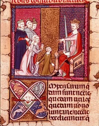Mor och barn framträder inför en kung, representant för Justice Miniature hämtad från "Justiniani in Fortiatum"" 1300-talets kungliga bibliotek i Escorial Monastery (Escorial), Spanien