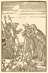 Mountain Delectable de går nu upp från The Pilgrims Progress From This World, To That Who Is To Come av John Bunyan (1628-1688) Christian and Hopeful meet the Shepherds: Knowledge, Experience, Wat