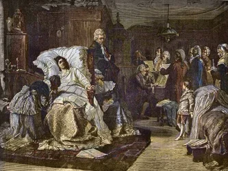Mozarts sista dagar efter målning av Hermann Kaulbach (1846-1909) - Gli ultimi momenti di Mozart - sista dagen av Wolfgang Amadeus Mozart - gravyr i den berömda veckotidningen "" Popular Music """ - 1882