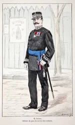 Mr Roudil, fredsofficer för biltjänsten. Etsning i färger, för illustration "" History of the Corps of Peacekeepers""" bok publicerad under beskydd av Louis Lepine (1846-1933), prefekt för polisen på Seine, av Alfred Rey (1864-?) och Lo