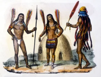 Mundrucu och Jivaros indianer i Ecuador. Gravyr 1846-48.