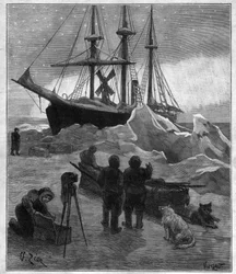 Nansens polarprospekteringsfartyg Fram instängt i isen - gravyr från Rapporten om Framexpeditionen 1893-1896, av Fridtjof Nansen (1861-1930).