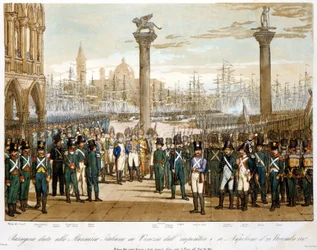 Napoleon I i Venedig den 29 november 1807 framför den italienska flottan. Gravyr från 1845