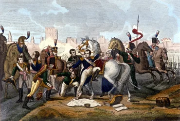 Napoleon I sårad framför Regensburg den 23 april 1809. Gravyr 1800-talet.