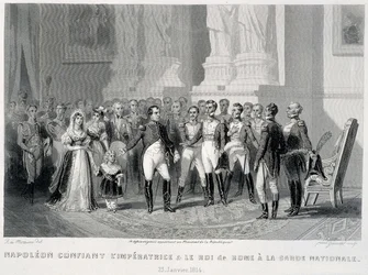 Napoleon anförtror kejsarinnan och hennes son, kungen av Rom, åt nationalgardet (23 januari 1814) - i "Fastes de Gardes nationales de France"