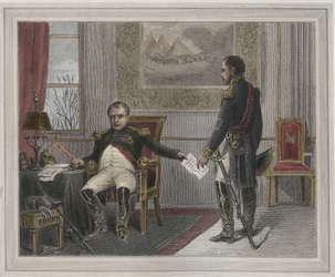 Napoleon undertecknar sin abdikation 1814 - Napoleon Bonaparte (1769-1821) i Fontainebleau under sin första abdikering, undertecknad i april 1814 Gravyr i "Les Fastes Populaires, ou Histoire des acts heroiques du peuple et de son influence sur les sciences