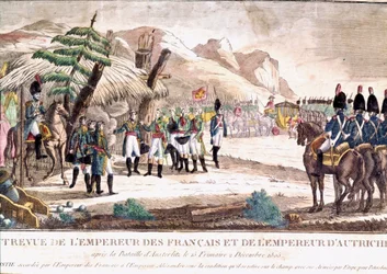 Napoleonkriget: Napoleon I möter kejsar Francois II efter slaget vid Austerlitz den 2/12/1805. Gravyr av 1800-talet.