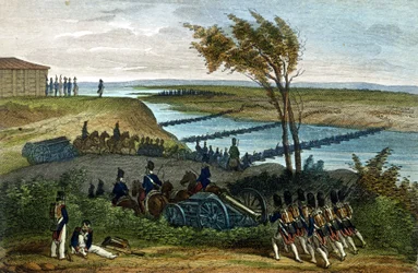 Napoleonkriget: rysk kampanj. Passage av floden Niemen (Dnjemen) den 24/06/1812, som skiljer de två imperierna åt. Gravyr av 1800-talet.
