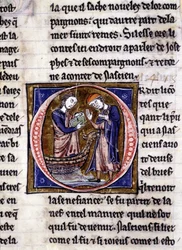 Nascion tar emot boken (?). Manuskript: Erövringen av Saint Gréal, skrivet 717 år efter vår herres passion. Bibliotheque Municipale de Rennes, ms. 255 (Samling av romaner av det runda bordet); Paris