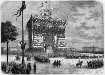 Nasir Al-Din (Nasser al Din) (1831-1896) Shah av Persien på besök i Paris. högtidligt mottagande i rondellen av stjärnans triumfbåge.
