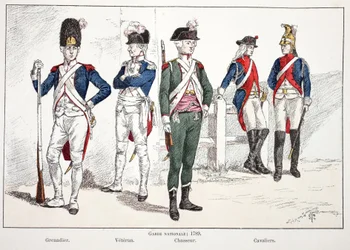 Nationalgardet 1789, från vänster till höger: grenadjären, veteranen, jägaren och ryttarna. Färgetsning som illustration till boken "Fredsvaktskårens historia", utgiven under Louis Lépines (1846-1933) beskydd, pre