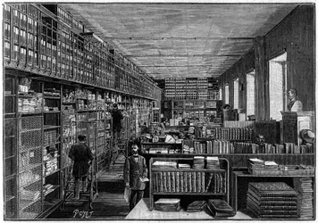 Nationalbiblioteket i Paris: katalogkontoret. På övervåningen finns lådorna med teaterpjäserna. Gravyr i "La Nature: revue des sciences et de leurs applications aux arts et à l