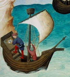 Navigatörer i Indiska oceanen orienterade med stjärnor och astrolabium. Miniatyr i "" The Book of the Wonders of the World", Ms. 2810, folio 188v belyst av Mästaren av Egerton, skriven John (Jehan) de Mandeville (1300? 1382). Omkring 1410-1412. BN, Paris