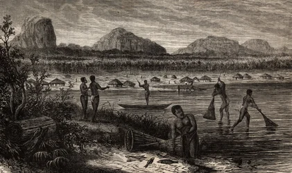 Nära grå starr i Rovuma (Moçambique), fiskeaktiviteterna för fisken. Gravyr för att illustrera Dr. Livingstones första resor till södra Afrika från 1840 till 1856, i "Le tour du monde, nouveau journal des voyages"" publicerad under direktivet