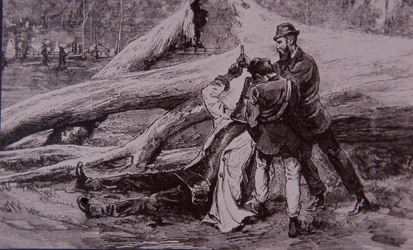 Ned Kelly tillfångatagen av poliskonstapel Kelly och järnvägsmannen Jesse Dowsett, 28 juni 1880 (gravyr)