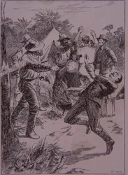 Ned Kelly dödar poliskonstapel Lonigan vid Stringybark Creek 1878 (gravyr)
