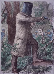 Ned Kelly, iklädd sin karaktäristiska rustning, i slutlig konfrontation med polisen, 28 juni 1880 (färgad gravyr)