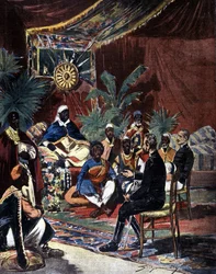 Förhandlingar om fred med Etiopien efter det italienska nederlaget i Adoua 1896. Major Salsa och kapten Angherà träffade kung Menelik II (1844 - 1913) och hans hövdingar. Illustration av sent 1800-talspress av Silhouette.