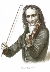 Niccolò Paganini (1782 - 1840) spelar på sin Stradivarius (violin tillverkad av den italienske fiolbyggaren Antonio Stradivari).