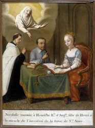 Nicolas berättar för Henriette drottning av England och dotter till Henrik IV miraklet med uppfinningen av statyn av Saint Anne