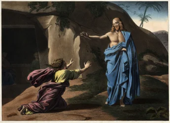 Noli me tangere: Kristi uppenbarelse för den heliga Magdalena. Anonym gravyr från 1800-talet.