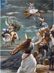 Nordisk mytologi: Valkyriorna (krigarjungfrur) i Valholl (eller Walhalla, Valhalla, Valhalle: platsen dit modiga krigare förs) och krigarnas fall i strid. Kromolitografi från 1800-talet