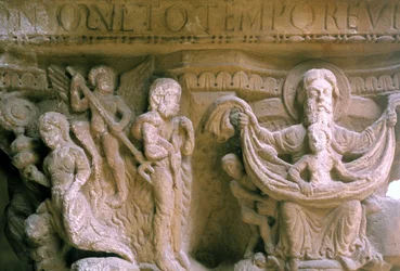 Norman Art i Monreale (Sicilien): huvudstäder i Benediktinernas kloster representerande Kristus och Gud.