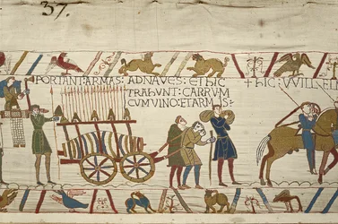 Normander drar en vagn lastad med vin och armar, Bayeuxtapet (ullbroderi på linne)