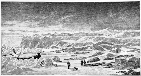 Nordpolen: Igloos och isbrytarbåt (Ice Breeze), ritning, våren 1873.