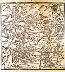 Norska jägare som reser på skidor och renar. Gravyr av Olaus Magnus (1490 - 1557), svensk religiös och geograf, "Historia de Gentis Septentrionalibus", Venedig