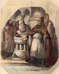 Notger (930-1008) (Notker av Liege), eveque av Liege, under dopet av Otton III (980-1002), kung av Tyskland. Gravyr från 1868 i "Histoire de Belgique från primitiv tid till slutet av Leopold I:s rege"" av Theodore Juste (1818-1888). Priva