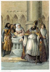 Notger (930 - 1008), eveque av Liege, under dopet av Otton III (980-1002), kung av Tyskland. Kromolitografi av 1800-talet.