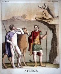 Oidipus och sfinxen - i "" Mythological Dictionary "", gravyr från 1800-talet, Bibl. från Brera, Milano.