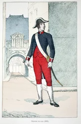 Fredsofficer (1802). Etsning i färger, för illustration "" History of the Corps of Peacekeepers""" bok publicerad under beskydd av Louis Lepine (1846-1933), prefekt för polisen på Seine, av Alfred Rey (1864-?) och Louis Feron (1862) -?),
