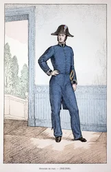 Fredsofficer (1841-1848). Etsning i färger, för illustration "" History of the Corps of Peacekeepers""" bok publicerad under beskydd av Louis Lepine (1846-1933), prefekt för polisen på Seine, av Alfred Rey (1864-?) och Louis Feron (1862) -
